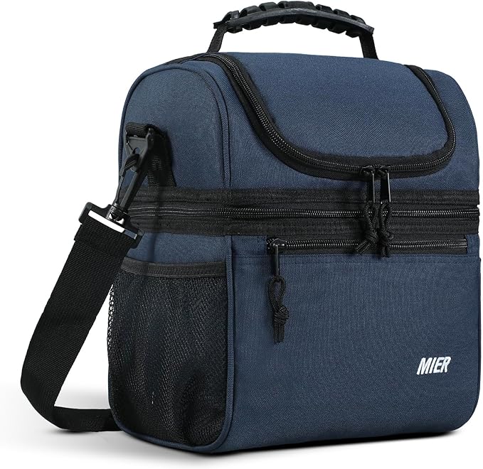MIER Insulated Lunch Box Dual Compartment Lunch Bag Leakproof Cooler for Men Women Adult Work, Navy Blue, Medium (Upgraded Extra-Tall Bottom Layer)