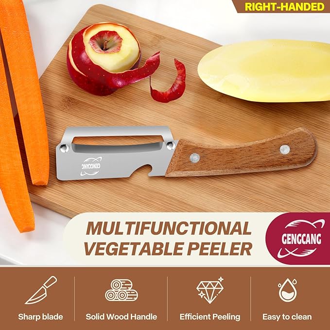 Multi-Functional Vegetable Peeler, Non-Slip Wooden Handle with Sharp Stainless Steel Blade, Built-in Bottle Opener - Perfect Kitchen Peeler For Veggie, Fruit, Potato, Carrot, Apple