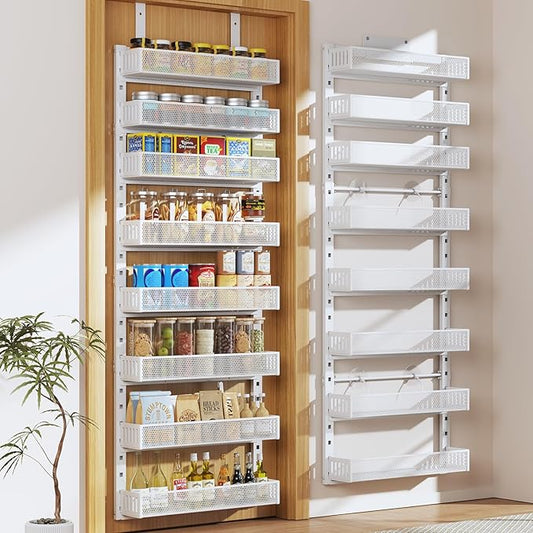 Pantry Door Organizers and Storage,8-Tier Large Wide Metal Heavy-Duty Frame Over the Door Spice Rack, 2 in 1 Wall-Mounted or Hanging shelf for Kitchen, Bathroom, Laundry Room, Bedroom, Closet &Nursery