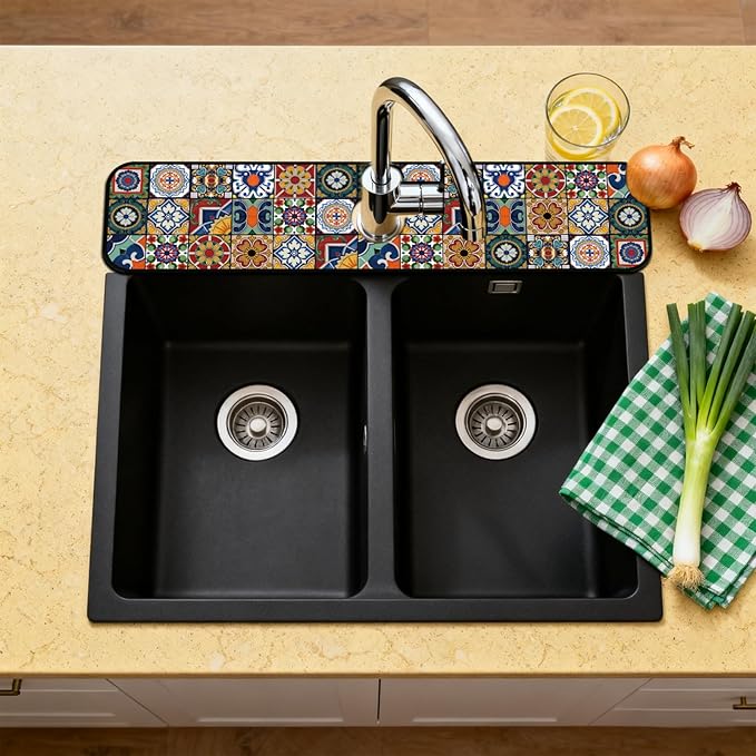2 Pcs Kitchen Sink Splash Guard Faucet Mats Colored Bohemian Tiles Pattern Faucet Mat for Sinks Absorbing Drying Mat for Kitchen Bathroom, 23.6x5.5inch