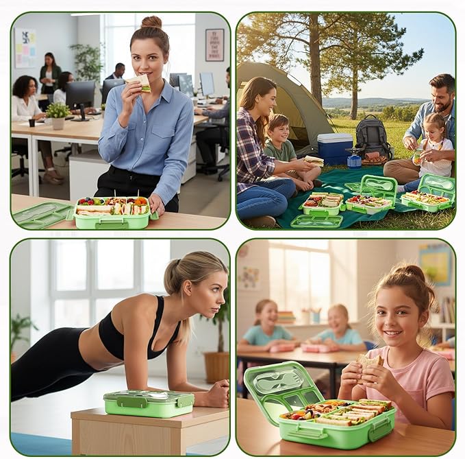 Bento Box for Adults,4 Compartments Lunch Box, Snack Containers Reusable Lunch Containers Drop-Proof, Dishwasher Safe & Made with BPA-Free Materials, Green
