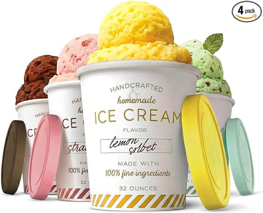 32 oz Ice Cream Containers with Airtight Silicone Lids ( 4-Pack ) Homemade Ice Cream Container perfect for storing Gelato, Sorbet & Frozen Yogurt, Reusable 2 Pint Ice Cream Container with Lids