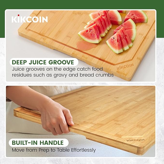 Kikcoin 36”×24” Bamboo Cutting Boards for Kitchen, Heavy Duty Wooden Cutting Boards, Healthy Extra Large Chopping Boards with Deep Juice Groove and Handle, Oversized Stove Top Cover, Natural