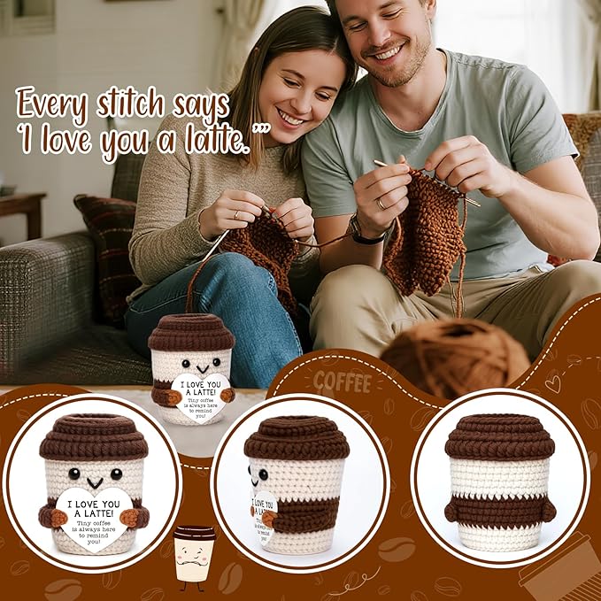 OCCdesign Mini Anniversary Birthday Gift I Love You Appreciation Present for Teacher Mom Dad Handmade Crochet Coffee Set with Coffee Lover Gifts Thank You Birthday Present