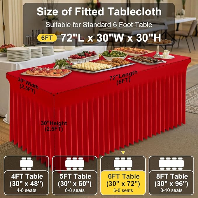 Smiry Spandex Tablecloth 2 Pack, Elastic Fitted Stretch Tablecloth for 6FT Rectangle Tables, Waterproof Washable Table Cover Skirt for Outdoor, Wedding, Banquet & Parties (Red, 72Lx30Wx30H Inch)