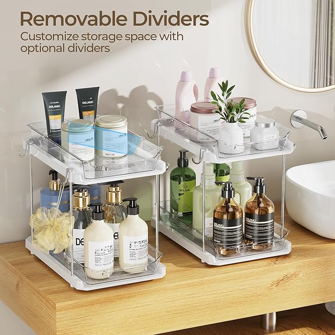 Delamu Under the Sink Organizer, 2-Tier Pull-Out Cabinet Drawers with Adjustable Shelf & Hooks, Under Sink Cabinet Organizer for Bathroom, Kitchen, Vanity & Every Household(White, 2 Pack)