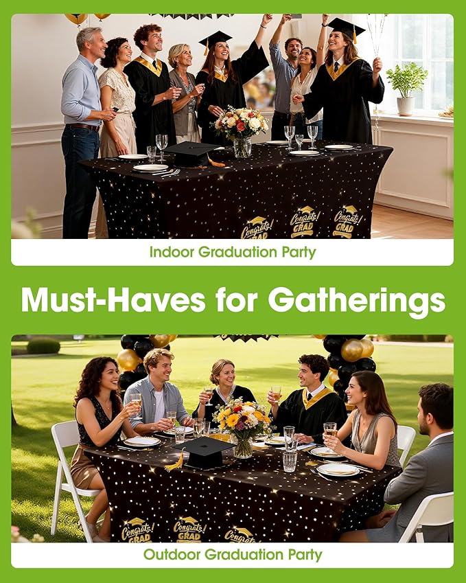 Pureegg Graduation Decorations 2026 Spandex Tablecloth 6ft - 2 Pack, Class of 2026 Black Fitted Stretch Rectangle Table Cover, Wrinkle-Free Tight Tablecloth for Graduation Party, Banquet