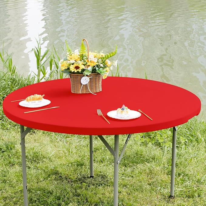 Round Fitted Table Cover Elastic Tablecloth 5ft Stretch Spandex Table Top Cover for Dining Kitchen Home Party Red 60 Inch