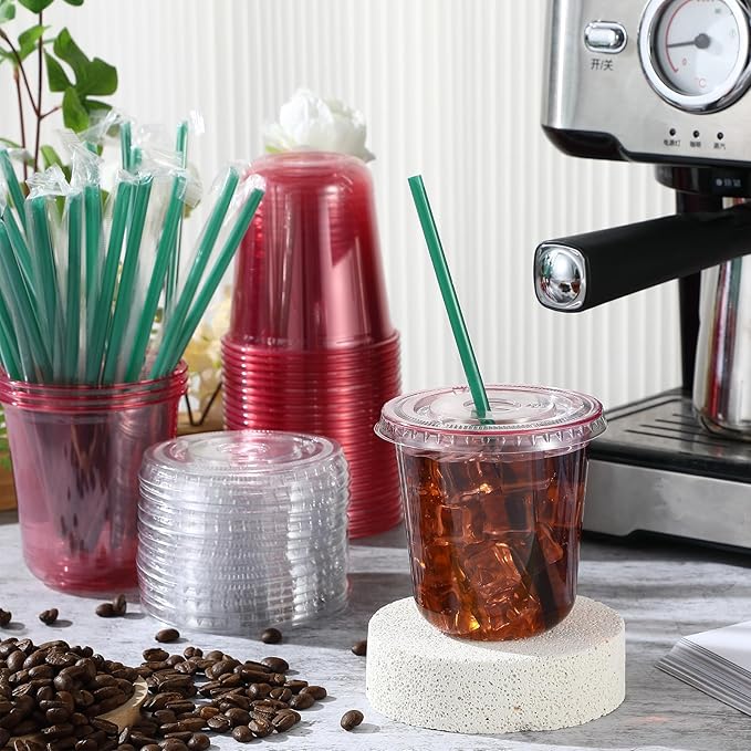 Baderke 25 Set Plastic Cups with Lids and Straws, Disposable Plastic Iced Coffee Cup for Cold Beverage Juice Smoothie Crystal for Coffee Shops Party Catering(Pink,12 oz)