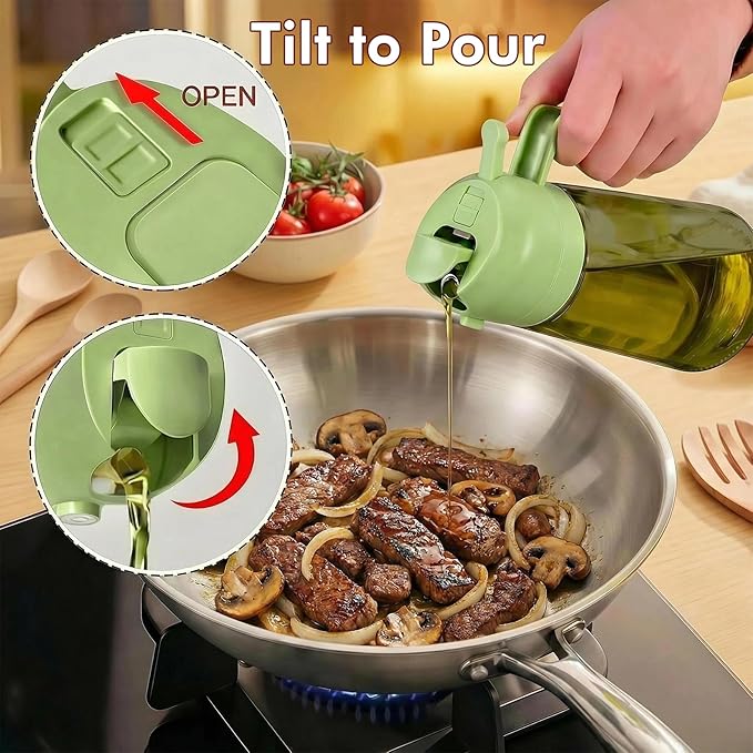Poshetion 2 in 1 Olive Oil Sprayer for Cooking, 16oz Light-Proof Oil Dispenser for Kitchen, Leak-Proof Oil Spray Bottle for Air Fryer, Salad, BBQ, Baking, Grilling - Green & Green