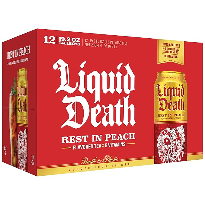 Liquid Death Iced Tea - Rest In Peach (Peach-Flavored Black Tea), Less Sugar*, Boost of Caffeine, B Vitamins, No Artificial Sweeteners, King Size 19.2 Fl Oz (Pack of 12)