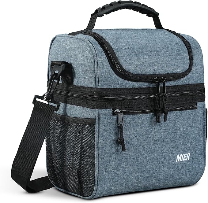 MIER Insulated Lunch Box Dual Compartment Lunch Bag Leakproof Cooler for Men Women Adult Work, Bluesteel, Medium (Upgraded Extra-Tall Bottom Layer)