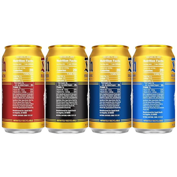 Liquid Death Iced Tea - O.G. Variety, Less Sugar*, Boost of Caffeine, B Vitamins, No Artificial Sweeteners, 4 Flavors: Tea/Lemonade, Rest in Peach, Sweet Reaper, Blueberry Buzzsaw, 12 Fl Oz (Pack of 12)