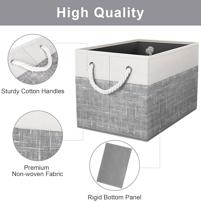 Fab totes Storage Bins 6-Pack, Foldable Storage Baskets for Organizing Toys, Books, Shelves, Closet, Large Storage Box with Rope Handles, Sturdy Organizer Bins, White & Grey