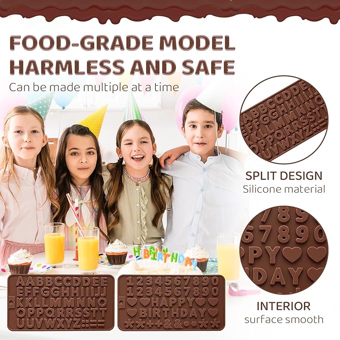 2PCS Silicone Molds for Chocolate,Number Letter Molds,Reusable Candy Molds with Happy Birthday Decorating Symbols,Mini Size Alphabet Decorating for Birthday Cake Lollipop Fondant Chocolate