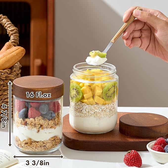 Danmu 16 oz Overnight Oats Containers with Lids,Salad Jar,Glass Jar with Wooden Lid 4 Pack,Mason Jars 16 oz with Lids for Snack,Overnight Oats,Meal Prep,Yogurt,Parfait,Soup,Salad 100% Leak-proof