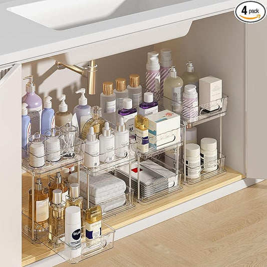 Delamu Under the Sink Organizer, 2-Tier Snap-Lock Cabinet Drawers with Removable Adjustable Shelf, Under Sink Cabinet Organizer for Bathroom, Kitchen, Vanity & Every Household(Clear, 4 Pack)