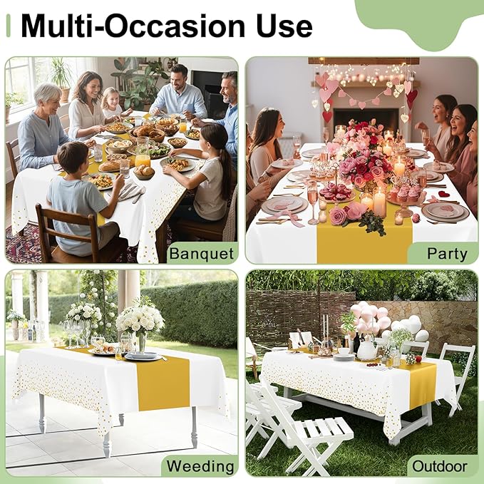 Smiry Plastic Table Cloth Disposable 8 Pack, 54 x 108 Inch Rectangle Waterproof Tablecloth, Printed Gold Table Runner Style for Birthday Weeding, Party Decorations, Leakproof & Sturdy, White and Gold