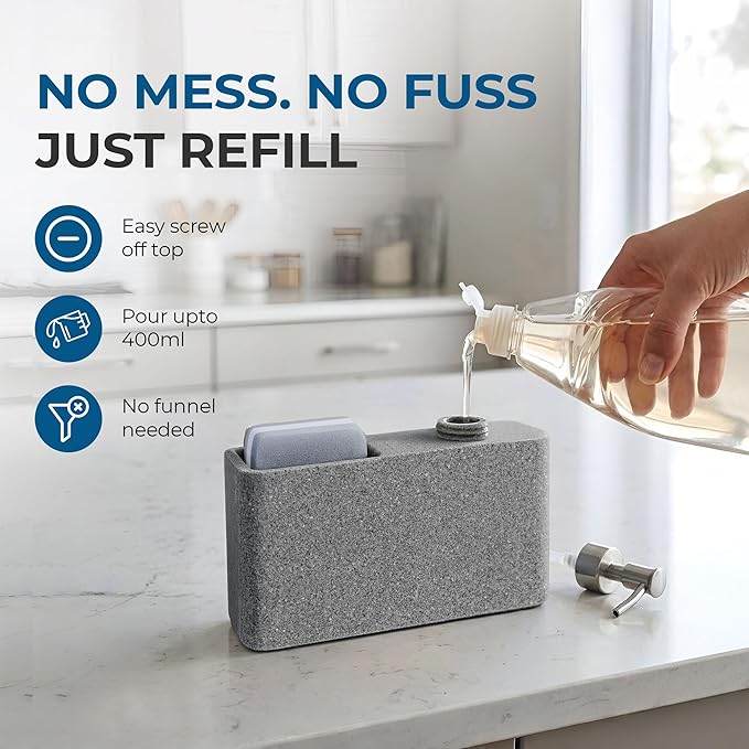 Havara Kitchen Soap Dispenser with Sponge Holder for Kitchen Sink, Hand Soap Pump & Sink Organizer, Granite Resin Non-Slip Countertop Caddy, Stone Gray
