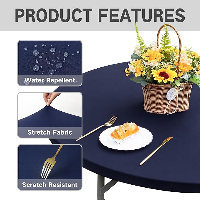 Round Fitted Table Cover Elastic Tablecloth 5ft Stretch Spandex Table Top Cover for Dining Indoor Outdoor Party Navy 60 Inch
