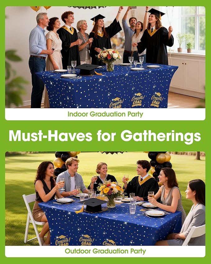 Pureegg Graduation Decorations 2026 Spandex Tablecloth 6ft - 2 Pack, Class of 2026 Blue Fitted Stretch Rectangle Table Cover, Wrinkle-Free Tight Tablecloth for Graduation Party, Banquet