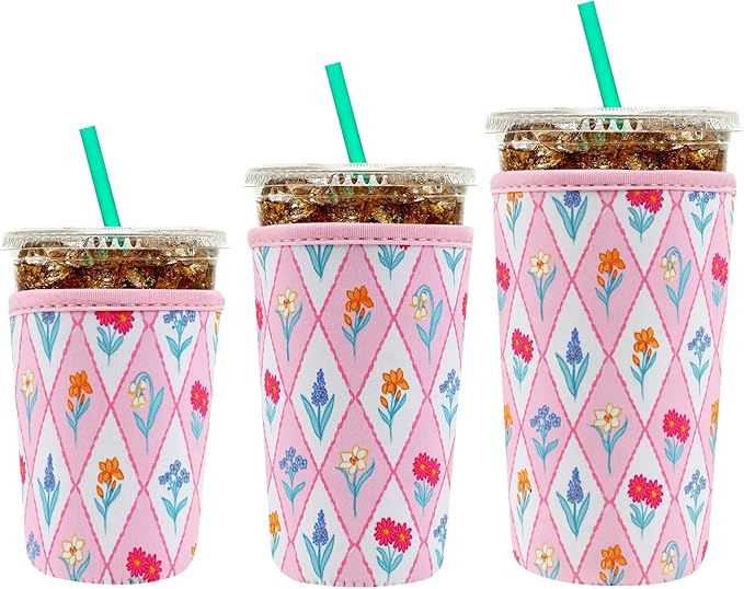 YR Reusable Neoprene Insulator Sleeve for Iced Coffee Cups, 3 Pack Coffee Coolies sleeves for Iced & Hot Drinks, Cold Beverage Cooler Compatible with Starbucks Coffee and More (Diamond Flower)