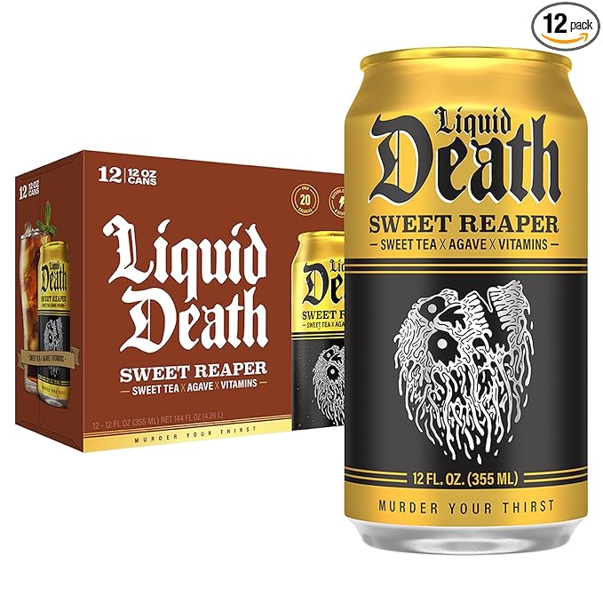 Liquid Death Iced Tea - Sweet Reaper (Black Sweet Tea), Less Sugar*, Boost of Caffeine, B Vitamins, No Artificial Sweeteners, 12 Fl Oz (Pack of 12)