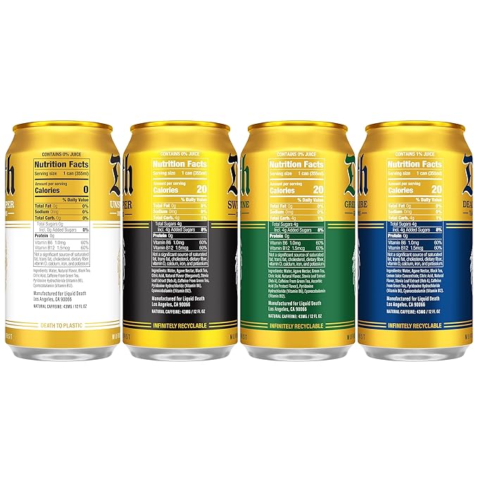 Liquid Death Iced Tea - Classic Variety, Less Sugar*, Boost of Caffeine, B Vitamins, No Artificial Sweeteners, 4 Flavors: Tea/Lemonade, Unsweet Reaper, Sweet Reaper, Green Guillotine, 12 Fl Oz (Pack of 12)