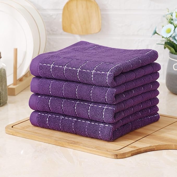 Homaxy 100% Cotton Terry Kitchen Towels(Purple, 13 x 28 inches), Checkered Designed, Soft and Super Absorbent Dish Towels, 5 Pack