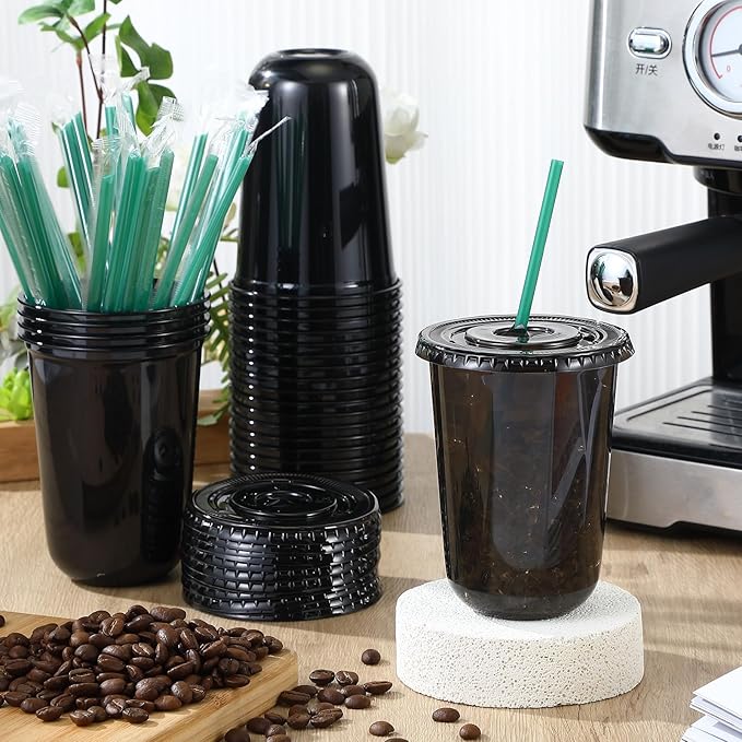 Baderke 25 Set Plastic Cups with Lids and Straws, Disposable Plastic Iced Coffee Cup for Cold Beverage Juice Smoothie Crystal for Coffee Shops Party Catering(Black,16 oz)