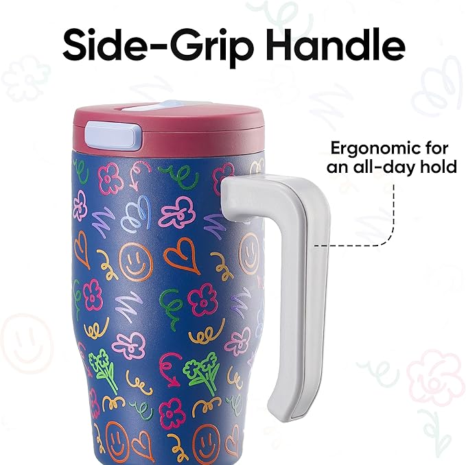 Fijinhom 18 oz Toddler Tumbler with Handle, Stainless Steel Insulated Water Bottle Coffee Mug with Straw, Toddler Cups, Kids Water Bottle for School, Sports, Travel, Doodle Joy