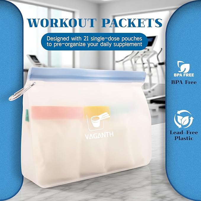 Protein Powder Container Travel Set, 21 Single Dose Bags, 3 Large Zip Bags, Storage Containers with Funnel and Spoon (40 PACK)