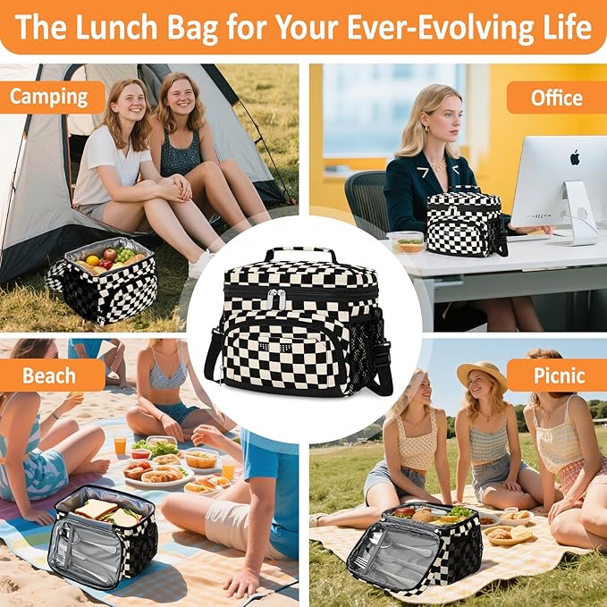 Vankor Insulated Lunch Bag for Men Women, Reusable Lunch Box Leakproof Cooler Lunch Tote Bag with Adjustable Shoulder Strap for Work Office Picnic Beach Travel, Corduroy Black White Checkered