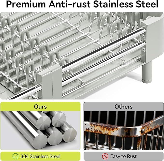 Urackify Extendable Dish Drying Rack, Dual Part Dish Drainers with Non-Scratch and Movable Cutlery Drainer and Drainage Spout, Adjustable Dish Rack for Kitchen, Gray & White