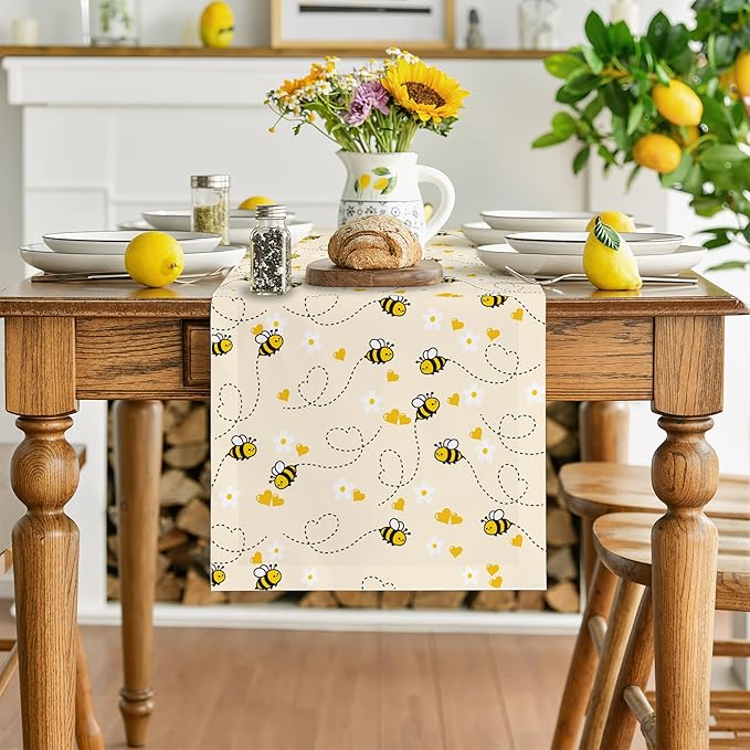 OHOME Summer Decorations for Home - Bee Table Runner | Spring Party Favors Supplies Decorations Indoor Outdoor - Summer Banner Backdrop - Birthday Holiday Table Runner for Home Kitchen