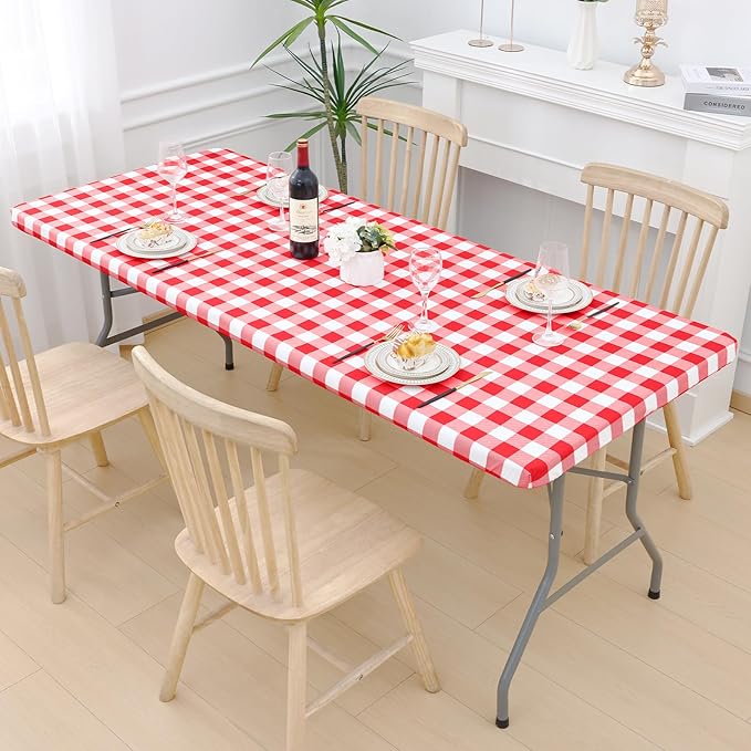 Smiry Picnic Table Cloth 2 Pack, Waterproof Elastic Fitted Tablecloths for 18x72 Rectangle Tables, Washable Polyester Buffalo Plaid Tablecloth for Camping, Dining & Outdoor (Red & White, 18" x 72")
