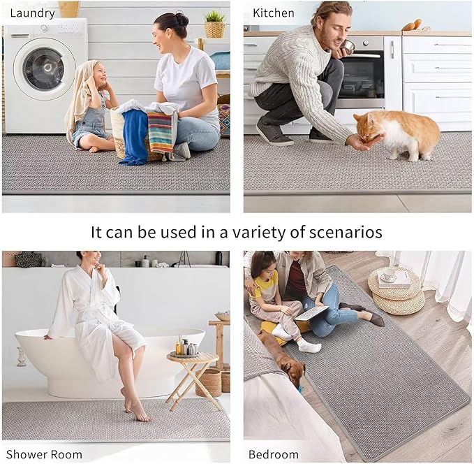 Kitchen Mats for Floor, Super Absorbent Kitchen Rugs Non Slip Washable, Soft Imitation Linen Braided Kitchen Runner Rug, Standing Mat Kitchens Sink Mat, Easy to Clean, Gray 17x95