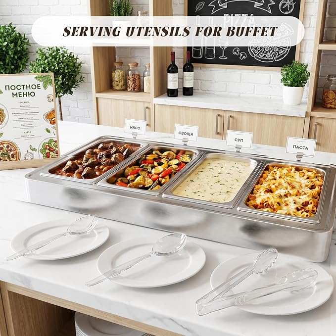 Mwellewm 18Pcs Serving Utensils, 10'' Plastic Serving Utensils Set, Large Disposable Serving Spoons for Buffet, Tongs for Serving Food, Party Supplies for Salad Soup Noodles Dinner Catering(Clear)