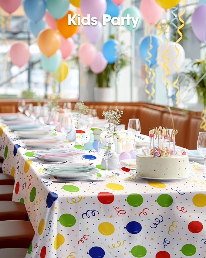 Pureegg Plastic Table Cloth Disposable 10 Pack, 54 x 108 Inch Table Cloths, Birthday Party Decorations, Picnic, White Tablecloths, Rectangle, Colorful, Rainbow Cover, Leakproof & Sturdy, Balloon