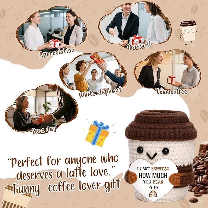 OCCdesign Mini Appreciation Gift for Women Men Wife Husband Moms Dads Teachers Nurses Handmade Crochet Coffee Cup for Coffee Lovers Thank You Gift for Birthday Teachers Day Office Desk Decor