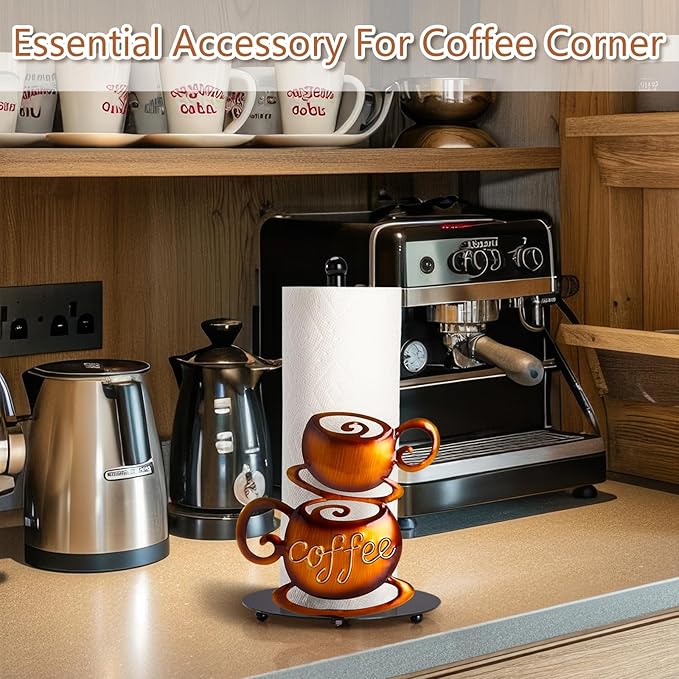 Standing Paper Towel Roll Holder Countertop for Coffee Lovers Women Men, Farmhouse Kitchen Decor and Accessories, Coffee Table Decor for Kitchen Home, 3D Hand-Painting Pattern, Metal