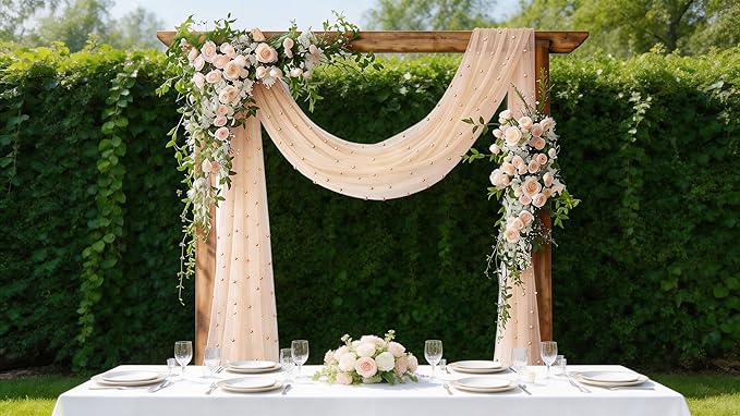 Socomi Pearl Table Runner Peach Summer Wedding Arch Draping Fabric 19FT Sheer Tulle Chiffon Gauze Cheese Cloth Outdoor Drapes for Birthday Party Baby Shower Bridal Engagement Decor