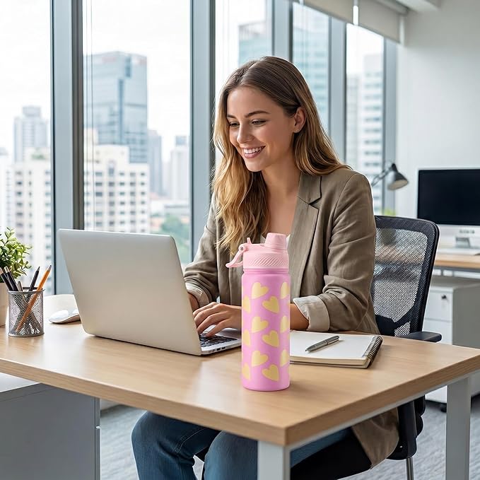 Fijinhom 18 oz Insulated Water Bottle, 2-in-1 Straw and Spout Lid Stainless Steel Thermos, Leak-Proof, Double Wall Vacuum Flask, Keep Cold 24H for Outdoor, Sports, Travel, School (Heart)