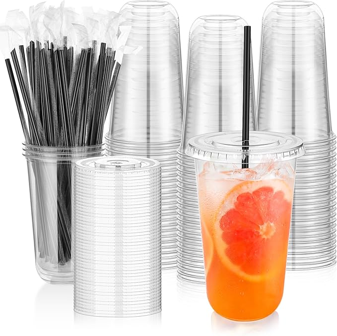 tchrules 100 Set 18oz Plastic Cups with Lids and Straws, Disposable Clear Iced Coffee Cup with Lid, Round Bottom Plastic To Go Cups for Cold Drinks Slushie Smoothie Lemonade Party Picnic Shop Supplies