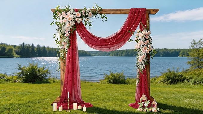 Socomi Pearl Table Runner Red Summer Wedding Arch Draping Fabric 19FT Sheer Tulle Chiffon Gauze Cheese Cloth Outdoor Drapes for Birthday Party Baby Shower Bridal Engagement Decor