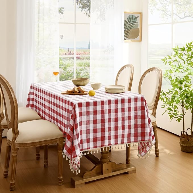 Softalker Checkered Tablecloth Rectangle, Outdoor Linen Cotton Gingham Table Cloth with Tassel, Heavy Duty Wrinkle Free Buffalo Plaid Table Cover for Kitchen Dining Summer Party - 55 x 102 Inch, Red