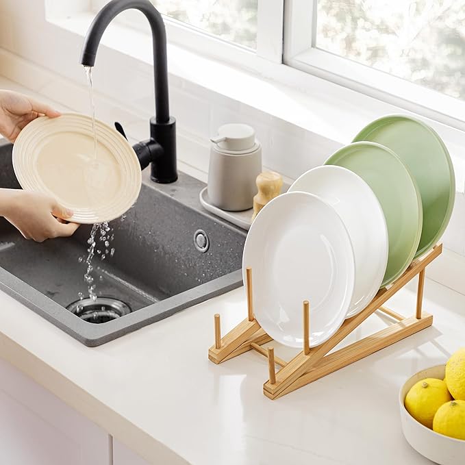 HBlife Bamboo Wooden Dish Drying Rack, 4 PCS Plate/Dish/Book/File/Bowl/Cup/Cutting Board/Pot Lid Organizer for Kitchen Counter, Office, Display Cabinet