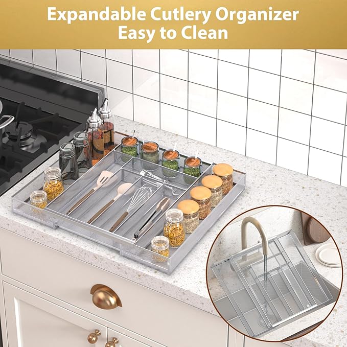 Silverware Organizer Metal Mesh, Large Drawer Organizer, Utensil Cutlery Tray for kitchen drawers, Expandable Flatware Organizer with 8 Compartment Silver 11.6"~20" x 17.3"