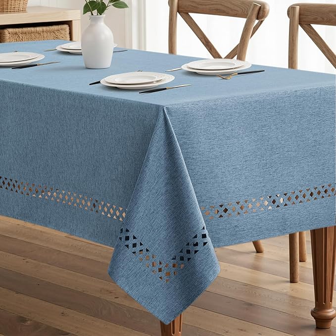 MIULEE Dusty Blue Rectangle Linen Polyester Tablecloth with Decorative Cutouts Waterproof Stain Resistant & Shrink-Proof Table Cloth 60x84 inch Farmhouse Style for Dining Wedding Party