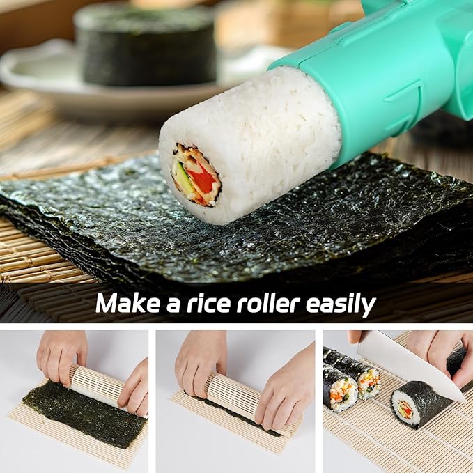 Sushi Making Kit, Upgraded 11.8 Inches Sushi Roller, Sushi Rolling Mat Sushi Maker Sushi Kit, Sushi Bazooka Easy Made Sushi Cyan
